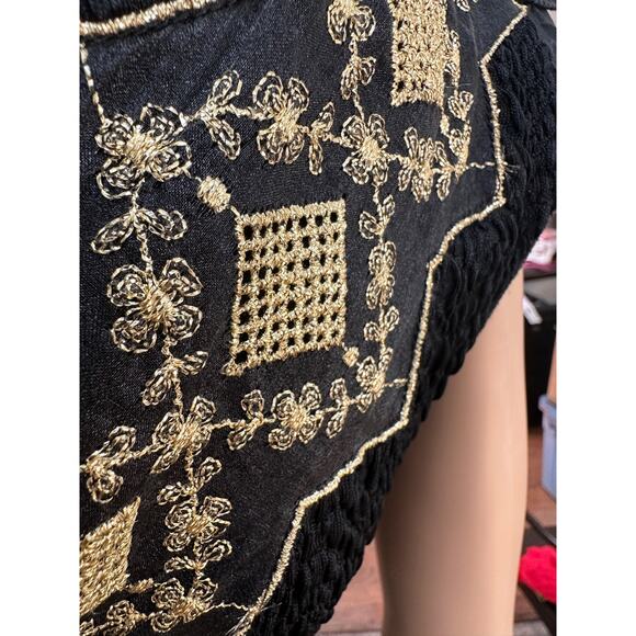 Vintage 1980's one shoulder Midi Formal Prom Dress Embroidered Gold Black Small - Picture 5 of 16